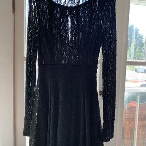 Free People Black Lace Long-Sleeve Fit & Flare Dress